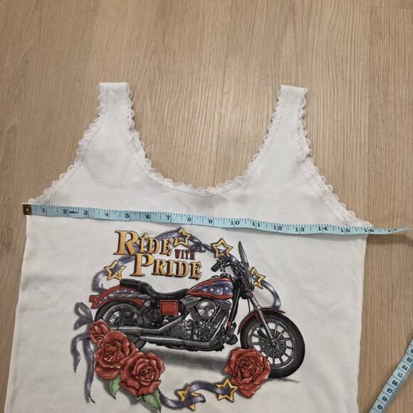 Vintage CMJ White Motorcycle Ride With Pride Y2K Lace Trim Tank Size Medium - Picture 3 of 6